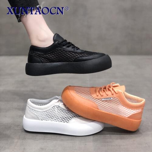 2021 Mesh Women Summer White Sneakers Breathable Platform Cross-tied Vulcanized shoes Flat Round Toe Sport Tenis Feminino