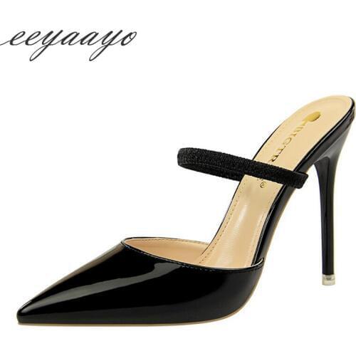 2019 New Summer Women Mules Slippers High Thin Heel Pointed Toe Shallow Fashion Sexy Ladies Women Shoes Black Outside Slippers