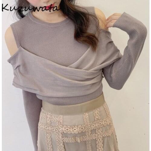 Kuzuwata 2021 Autumn New Sweaters Fashion Sweet Women Jumpers O Neck Sexy Off Shoulder Long Sleeve Pleated Slim Knitted Pullover