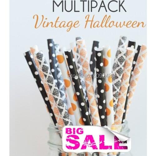 100pcs Mixed Colors VINTAGE HALLOWEEN Party Paper Straws,Black and Orange Damask,Polka Dot,Tiny Swiss Dot Mason Jar Mugs Bulk