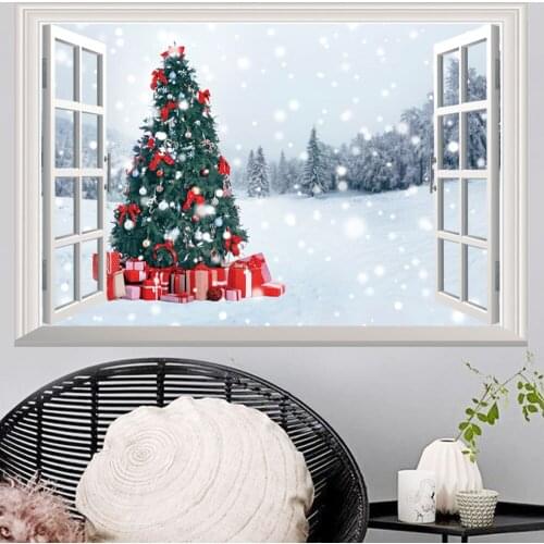 2018 Christmas Tree Wall Sticker For Kids Room 3D Outside The Window Snow Wall Decals Christmas Decoration Art Mural Kids Gifts