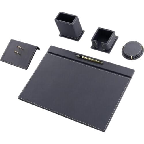 Calme 5 Pcs Handmade Grey Leather Desk Set, Desk pad in 49cm x 34cm, Penholder, Cube Note Holder, Coaster