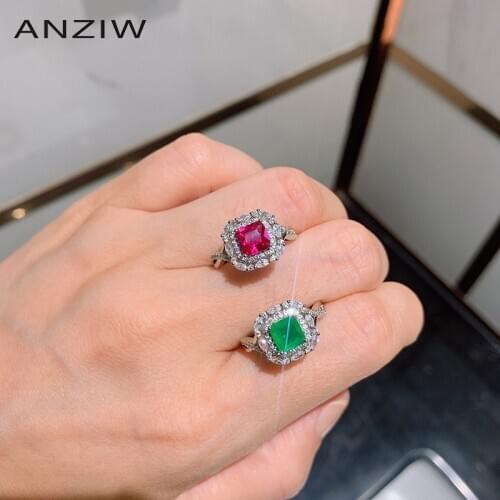 ANZIW Sterling Silver Asscher Cut Lab Created Emerald/Ruby Vintage Engagement Ring With Adjustable For Women Jewelry Gifts
