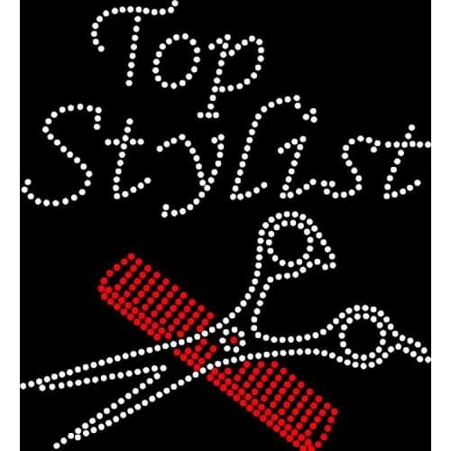 Free shipping Top Stylist Comb Scissor Hair Rhinestone Transfer design iron on for garments