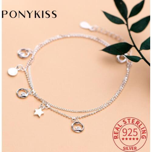 PONYKISS Real 925 Sterling Silver Double Layer Zircon Geometric Star Bracelets Fine Jewelry Delicate Accessory For Women Party