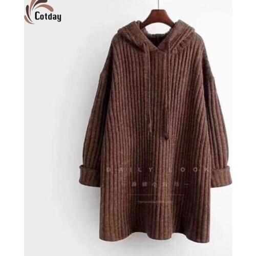 Cotday Plus SizeThick Winter 2021 New Khaki With Hooded Lace Up Loose Fat MM Casual Lazy Long For Women Pullover Sweater