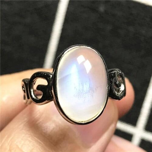 15mm Natural Blue Light Moonstone Ring Silver Sterling For Women Healing Crystal Oval Beads Love Gift Adjustable Size Ring AAAAA