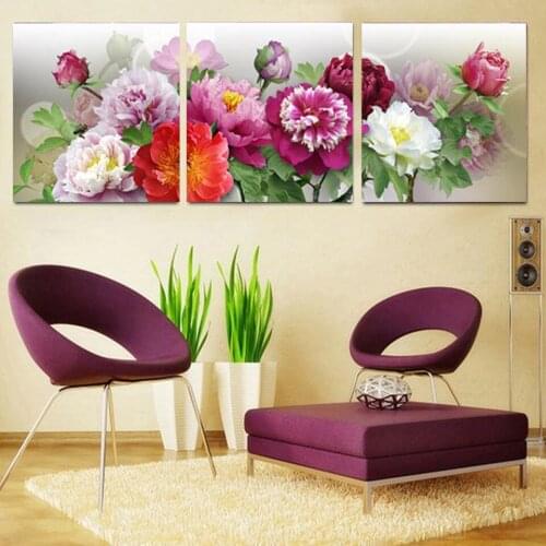 3 Pieces Wall Art Diamond Paintings peony flower Full Square Round Triptych Diamond Embroidery Mosaic Cross Stitch A326