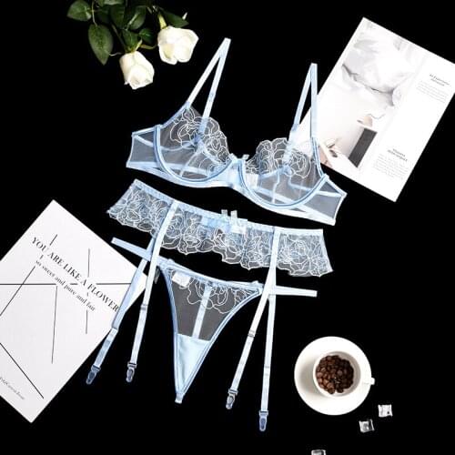 3 Piece Set Lingerie Floral Embtoidery Transparent Underwear Women Underwire Bra with Brief Set Erotic Sensual Lingerie Set