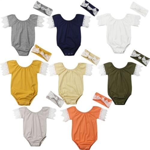 Newborn Baby Girls Lace Cotton Short Sleeve Bodysuit Jumpsuit Headband Outfits Sunsuit