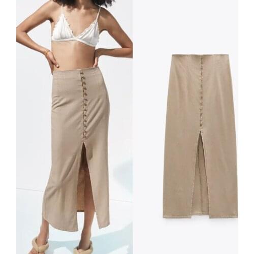 Summer Fitted Midi Skirts Women 2021 Za Vintage High Waist Zip Long Skirt Fashion Slim Front Button Slit Hem Office Ladies Chic