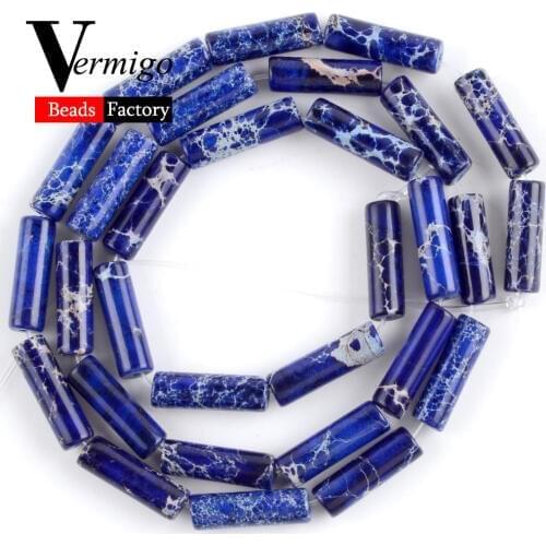 Natural Blue Sea Sediment Jaspers Column Beads For Jewelry Making DIY Necklace Bracelet Pendant Spacer Loose Beads 4mm*13mm 15"