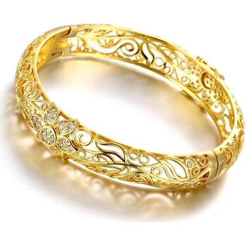 Delicate Filigree Bangle 18K Gold Hollow Out Carved Flower Bracelet Bangle Women Jewelry Gift