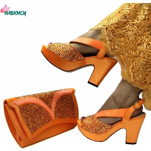 Newest African Women Design High Quality Shoes Matching Bag in Orange Color Peep Toe Sandals with Evening Bag for Party