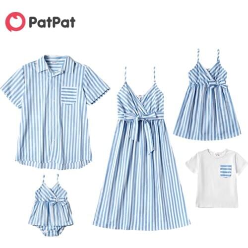 PatPat New Arrival Summer 2021 Mosaic Family Matching Clothing Blue and White Stripe Series Sets Family Look Dress