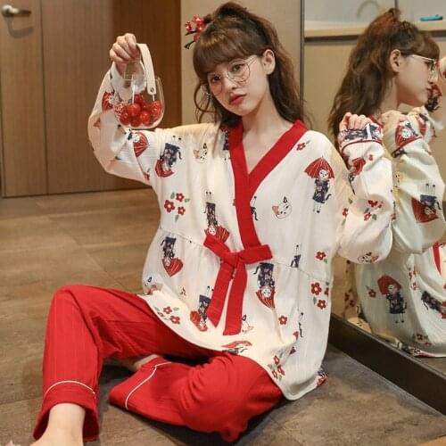 Kawaii Japan Style Kimono Womens Cotton Pajamas Set Warm Winter Long Sleeve Home Suits Cute Cartoon Girl Red Trousers Sleepwear