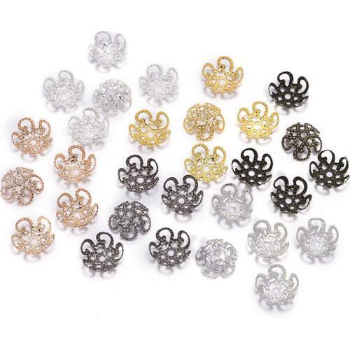 100pcs 8 10mm Gold Metal Hollow Flower Spacer Beads End Caps Pendant DIY Charms Connectors For Jewelry Making Findings