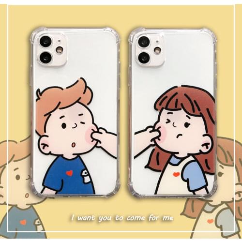 Girl Boy Lover Cartoon Transparent Phone Case For iphone 12 Pro Max 11 11Pro XR XS 7 8 Plus SE Cute Anti-Fall Fonda Cover