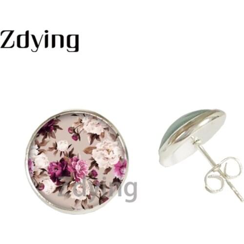 Zdying Ethnic Style Flower Stud Earring Glass Art Picture Cabochon Jewelry For Woman Girls Party Wedding Bohemia Jewelry FP079