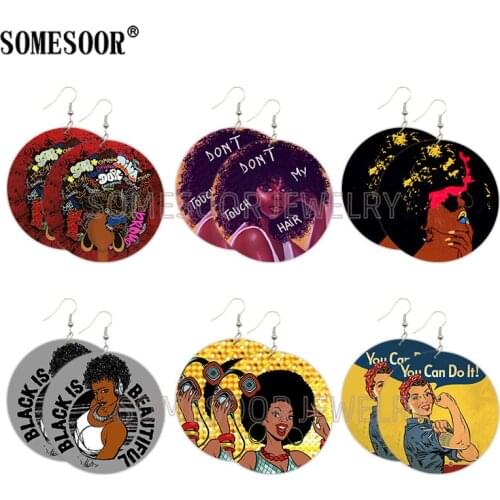 SOMESOOR Afro Diva Dope Natural Hair Wooden Drop Earrings Black Is Beautiful Powerful Strength Pattern Ear Loops For Women Gifts
