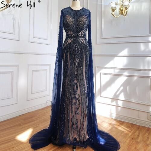Grey With Cape Sleeves Mermaid Evening Dresses Dubai O-Neck Full Diamond Luxury Evening Gowns 2020 Serene Hill LA70401