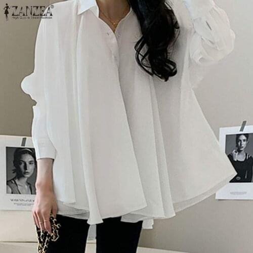 Stylish Pleated Tops Womens Asymmetrical Shirts ZANZEA 2021 Casual Lapel Button Blusas Female Solid Tunic Plus Size Chemise