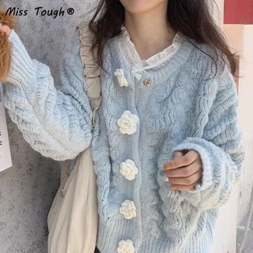 Solid Kawaii Sweet Knitting Sweater Candigan Women Korean Long Sleeve Casual Sweater Tops Floral Designer Fashion Candigan 2021