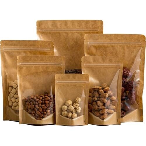 Thick 50pcs Clear Front Ziplock Gift Bags Snack Nuts Beans Packaging Plastic Bags One Side Kraft Paper Zip Lock Stand Up Pouches