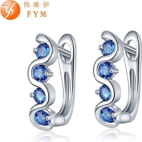 FYM Brand 7 Colors Inlay Zircon Four Blue Round AAA Cubic Zircon Earrings For Women Luxury Sliver color Hoop Earrings