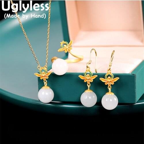 Uglyless Enamel Lotus Jewelry Sets for Women Natural Jade Balls Earrings Rings Necklaces 925 Silver Ethnic Jewelry Retro + Chain