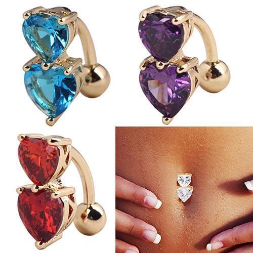 Reverse Crystal Zircon Bar Belly Ring Gold Body Piercing Button Navel Two Hearts 2020