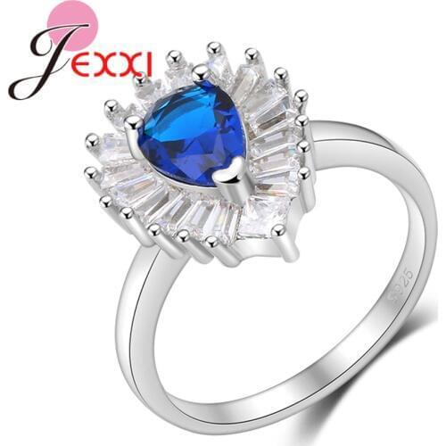 Bright Blue Crystal Wedding Accessory Water Drop Ring For Girl Engagement 925 Sterling Silver Rings For Women Birthday