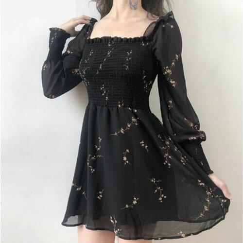 New Sexy Off Shoulder Print Black Summer Dress Women Vintage Puff Sleeve Chiffon Dresses Korean Casual Mini Dress Vestidos 13676