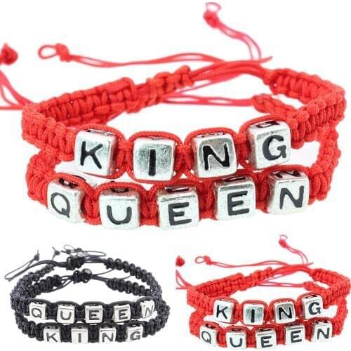 2Pcs/Set Unisex Trendy Vintage Bohemia Punk design Unique KING QUEEN Charm Braided Rope Bracelet Bangle Adjustable Jewelry GIft