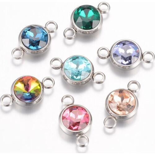 20pcs Mixed Color Faceted Glass Links Flat Round with 304 Stainless Steel Findings for Jewelry Making 17.5x10x6.5mm Hole: 2.5mm