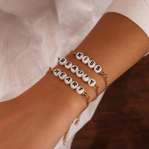 3Pcs/Set Women Creative English Alphabet Bracelet Letter Beads Charm Bracelet Bangle Decor Accessory Christmas Jewelry Gift