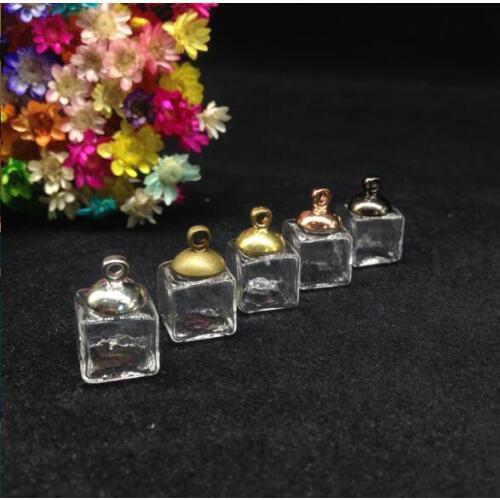 300pcs 10mm clear square glass globe bubble with 8mm beads cap jewelry findings glass cover bottle glass vial pendant necklace