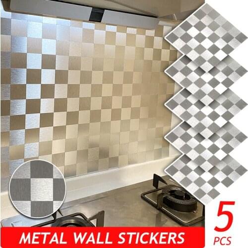 5PCS 30x30CM Metal Fireproof Wall Stickers for Kitchen Bathroom Decor Self-adhesive Home Panel Waterproof Aluminum/Marble/PVC