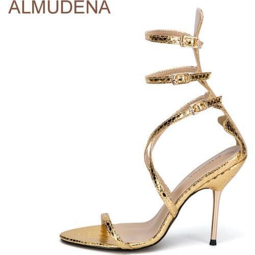 ALMUDENA Women Chic Style Gold Snakeskin High Heel Sandal Cross Strap Dress Shoes Triple Buckle Strap High Cut Wedding Shoes