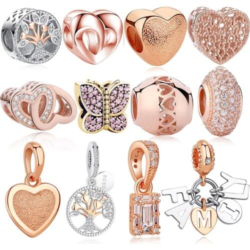 ELESHE Family Tree Forever Heart Rose Gold CZ Pendant Charms 925 Sterling Silver Bead fit Original Bracelet Necklace DIY Jewelry