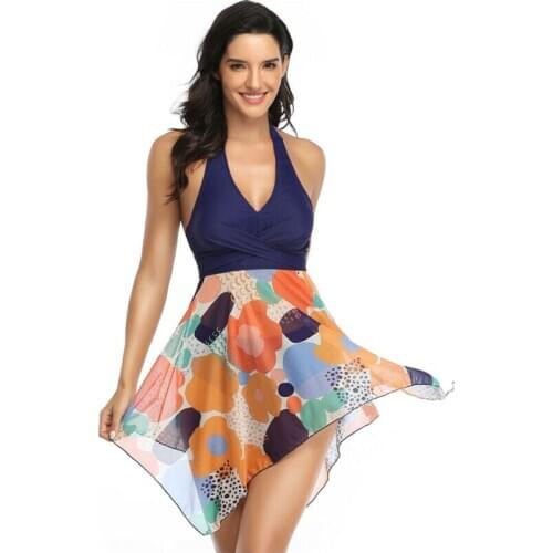 Brand New Women Plus Size Swimdress Swimwear Swimsuit Floral Bandage Push Up Halter Padded Bra Tankini Bikini Set