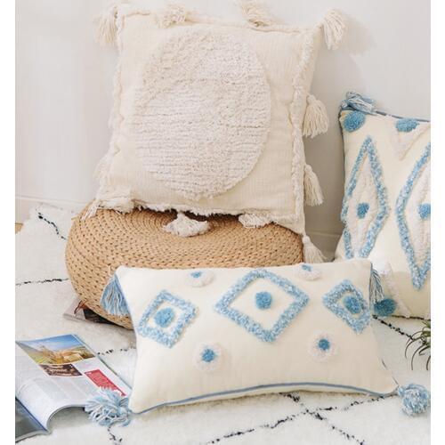 Indian Hand-Woven Pillow Cover Sofa Cushion Over Cotton Embroidery Tufted Pillowcase Morocco Geometry Tassel Cushion Cover Set