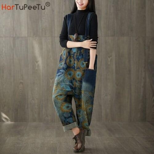 Denim Cotton Jumpsuit Women Oversize Casual Spring Summer 2021 Japan Overalls Washed Floral Print Vintage Drop Crotch Bib Pants