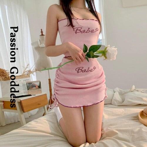 Sexy Cute Women 2 Piece Rhinestone Pink Sets Babe Letter Hot Drilling Tube Tops High Waist Drawstring Skirts Two Piece Outfits