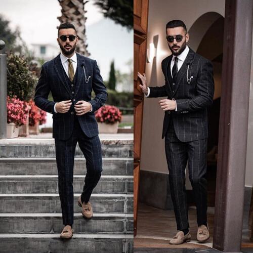 Handsome Check Plaid Peaked Lapel Wedding Suits Evening Party Prom Custom Made Slim Fit Casual 3 Pieces Best Man Tuxedos