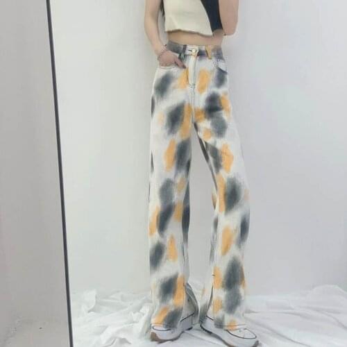 Autumn new style high waist slim retro tie-dye jeans women loose straight wide leg trousers ins tide winter trend high street