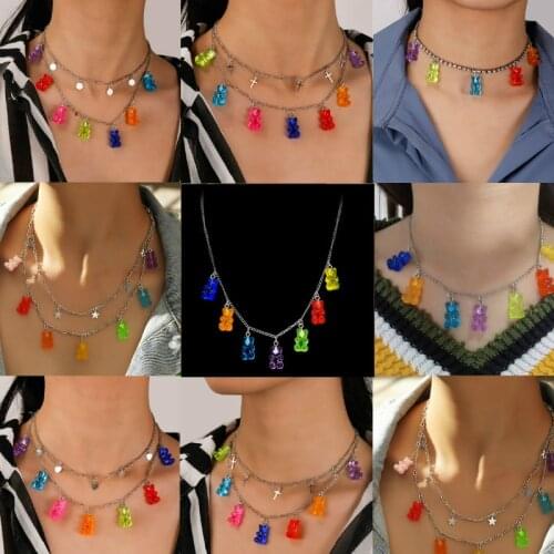 Candy Color Fudge Mini Bear Chain Necklace Multi-layer Star Heart-shaped Cross Bear Necklace Women Girl Pendant Necklace Jewelry