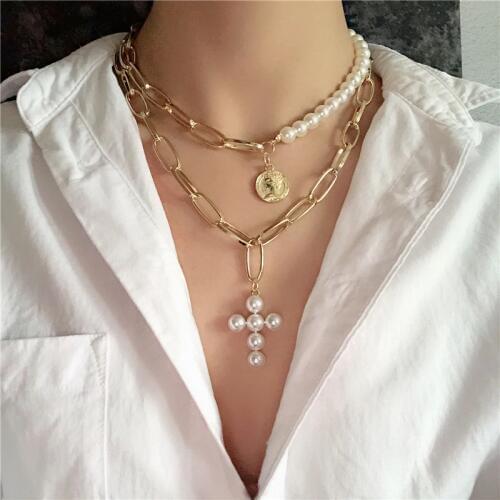 New Design Imitation Pearls Choker Necklace Female Cross Pendant Necklaces for Women Girls 2019 Fashion Gold Coin Head Jewelry