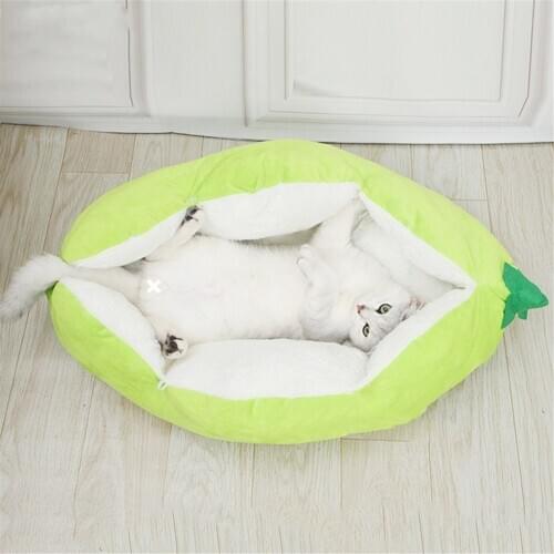 Pea Pod Shape Cat Cute Bed Nest Warm Plush Pet Kitten House Sofa Funny Soft Soothing Durable Kennel Cushion Dog Cave Cozy Mat
