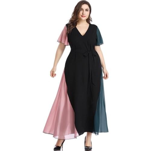 Patchwork A- Line Dress Plus Size Fashion 2021 Loose V Neck Short Sleeve Midi Slim Party Elegant Oversized Summer Dresses Women